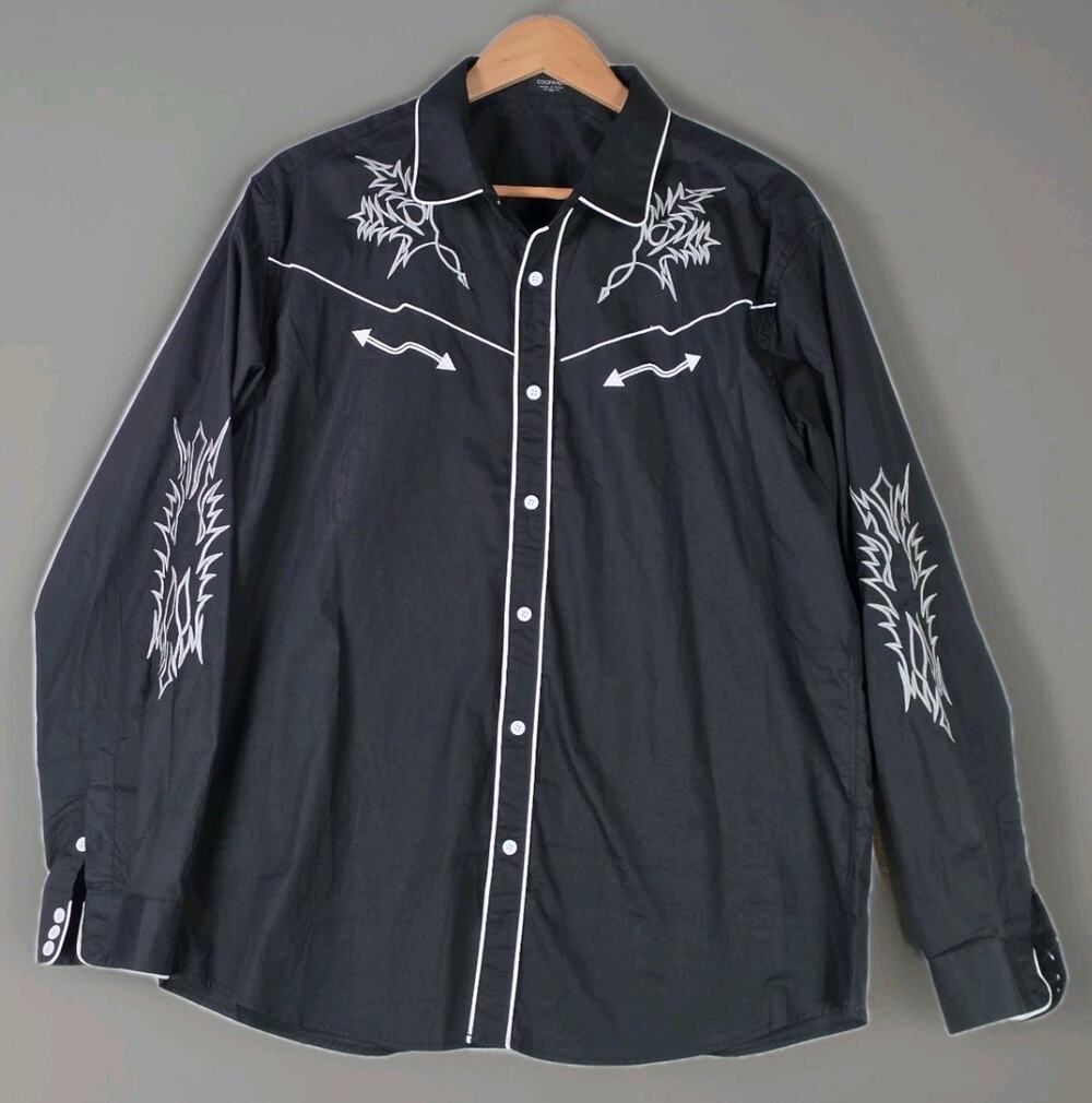 Coofandy Western Embroidered Men's XL Long Sleeve Point Collar Shirt Black White